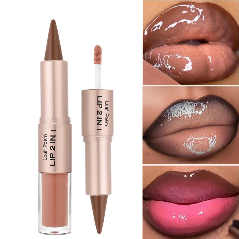 Black Brown Tapered Lip Liner Contour Pencil Double Head Mirror Plumping Lip Glaze.